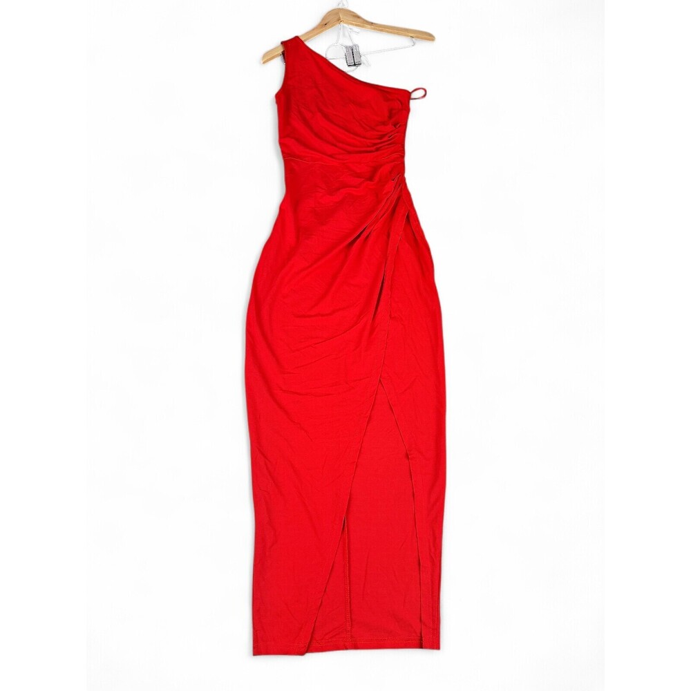 Sarin Mathews Red One-Shoulder Ruched Slit Gown S
